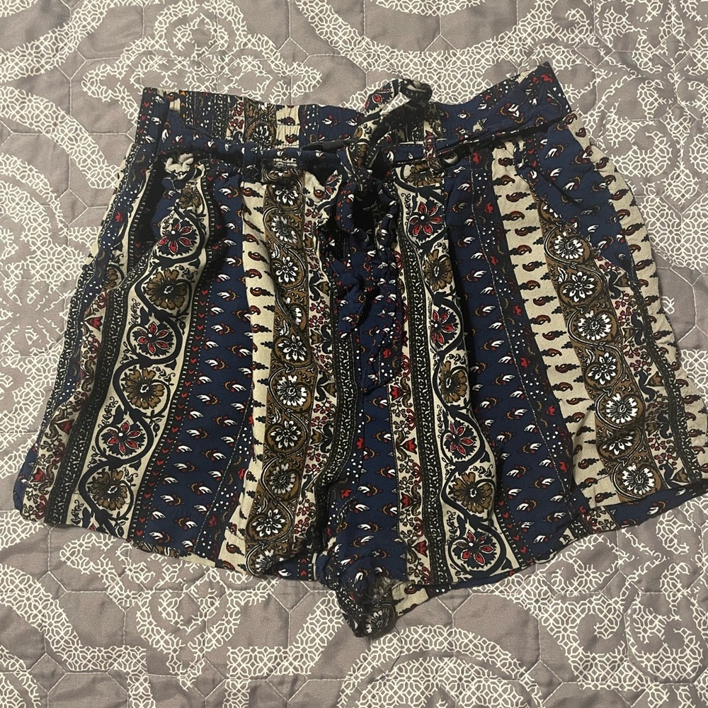 Ambiance High Waist Patterned Shorts - Blue, Black, Cream
